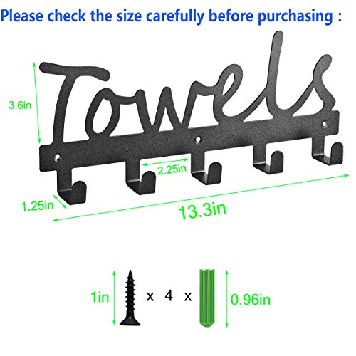 Towel Racks 5 Hooks Black Sandblasted Robe Hooks Wall Mount Towel Holder Black Metal Towel Racks Rustproof and Waterproof for Kitchen Storage Organizer Rack, Bathroom Towels, Robes, Clothing
