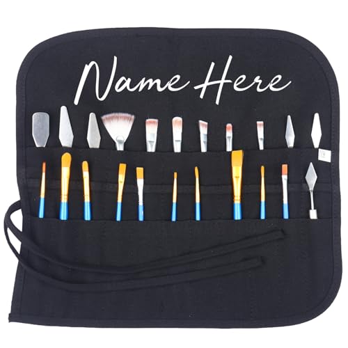 Zakally Personalized Custom Name Canvas Paint Brush Holder & Storage Acrylic Oil Watercolor Paint Brush Bag (black)