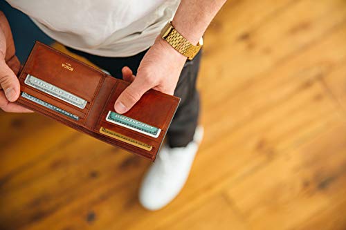 Image of Bosca Men's Leather Wallet - RFID Security Lining - 8 Card Slots - Divided Currency Well - Full Grain Italian Leather with Glossy Finish - Amber Brown