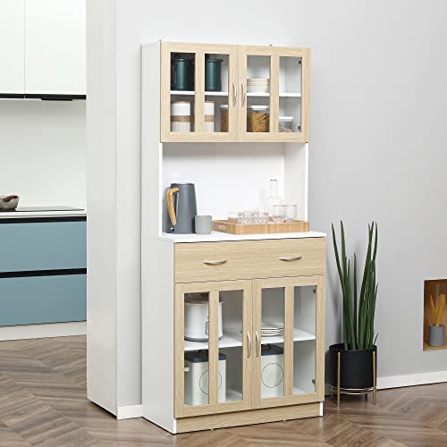 HOMCOM-Kuechenschrank-180-cm-Kuechenbuffet-Hochschrank-mit-Glastueren-Geschirrschrank-Esszimmerschrank-mit-Schubladen-Schrank-elegant-WeissNatur-80-x-40-x-180-cm