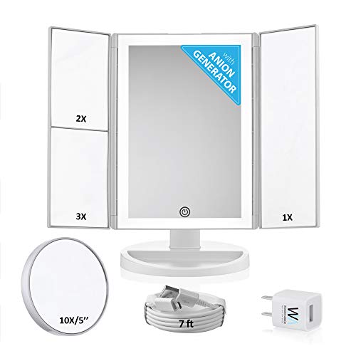 Lighted Makeup Mirror with Magnification - Trifold Desktop+10x Magnifying Cosmetic Mirrors - Vanity Makeup Mirror with Led Lights - Battery or Electric - Already equipped with long 6.6 ft Cord+Charger