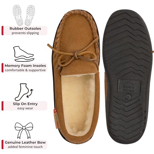 Image of Alpine Swiss Sabine Womens Moccasin Slippers Genuine Suede House Shoe Memory Foam Insole Plush Faux Shearling Fur Indoor Outdoor Anti-Slip Rubber Sole