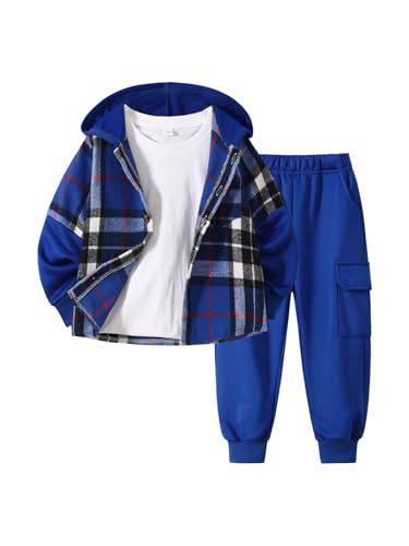 Image of 2Pcs Kids Boys Flannel Plaid Shirt Tops Pants Set Hoodie Sweatsuit for Fall Winter Spring Outfits 4-12 Years