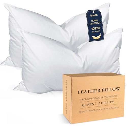 Image of BHZ Goose Down Feather Pillows Queen Size Set of 2, Hotel Collection Bed Pillows for Sleeping Medium Firm Soft Support Pillow for Side and Back Sleepers