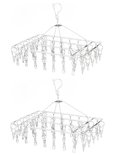 TVRTFQ 2 Pack Stainless Steel Sock Drying Rack with 80 Clips,360 Rotatable Windproof Hook Clothes Hanger Rack for Herb,Bras,Underwear,Baby Clothes,Hat,Scarf,Pants,Gloves,Towel and Laundry Accessories