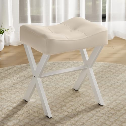 Image of Memobarco 18-Inch Leather Vanity Stool Chair, Vanity Bench with Metal X-Leg, Ottoman Accent Stool with Thick Padded Saddle Seat, Beige