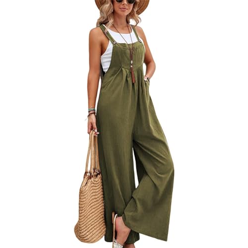 Green Linen Jumpsuits for Women Sleeveless Square Neck Spaghetti Strap Overalls Boho Beach One Piece Jumpsuit Loose Cotton Work Rompers with Pockets Casual Bib Overalls Beach Outfits for Women 2025