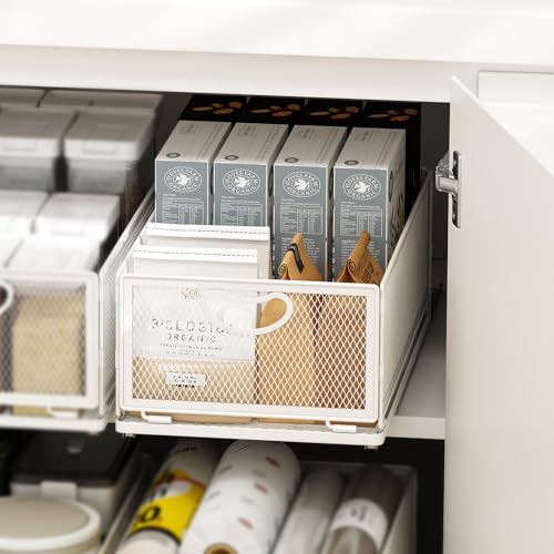 AmzAge Pull Out Cabinet Organizer, No Drill Adhesive Sliding Drawers for Kitchen, Metal Mesh Wire Storage Shelf for Pantry & Under Sink, White (9.6