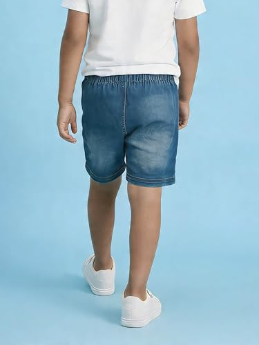 Image of KiddoPanti Boys Knee-Length Denim Shorts | Stretchable Cotton Poly Denim | Comfortable Fit with Button Elasticated Waistband & Zip Fly