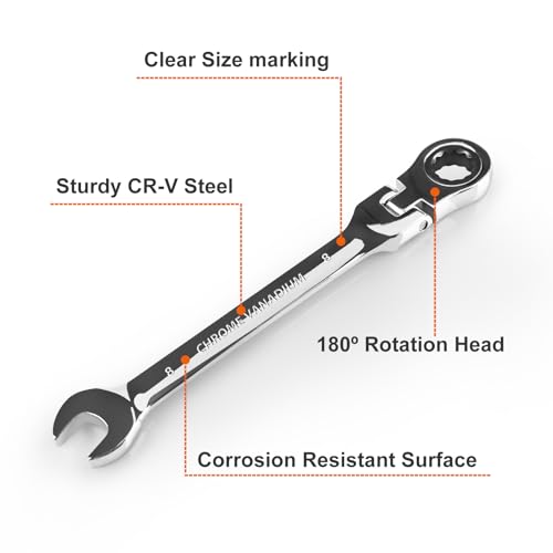 Image of Egofine 8mm Ratchet Wrench Flex Head, Ratcheting Combination Wrench Metric, Industrial Grade Gear Spanner with 12 Point Box End, 72-Teeth Ratchet, Chrome Vanadium Steel