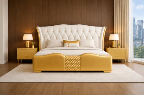 Image of Upholstered King Size Bed with Box Storage for Bedroom | Wooden Double Bed with Wooden Ply with Storage | Platform Cot Palang with Headboard | 6.5 x 6 Ft | Sheesham Wood | White Golden