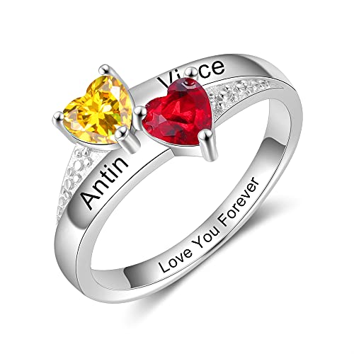 Jeweidea Name Bagues pour femmes avec 2 pierres de naissance Bague de promesse de gravure personnalisée pour elle en forme de coeur Bague en argent Cadeau...