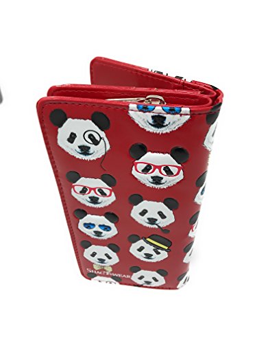 Shag Wear Panda Repeat Large Animal Wallet for Women Vegan Faux Leather Red 7"4