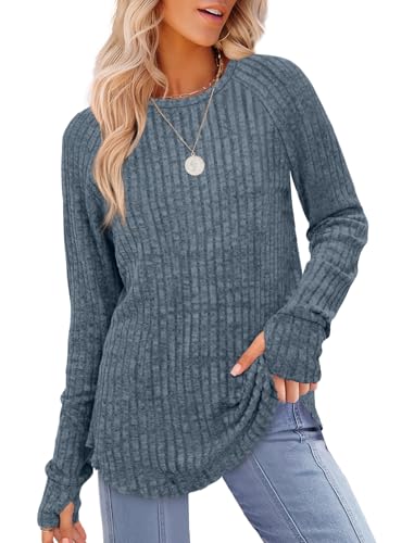 Image of Saloogoe Women's Long Sleeve Top Crewneck Basic Lightweight Fall Shirt with Thumb Hole