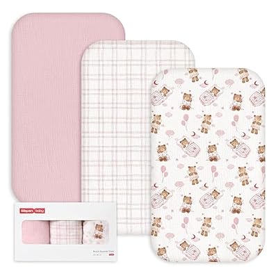 Gllquen Baby 3-Pack Muslin Cotton Bassinet Sheets, 33"x20" Fitted Crib Sheets for Bedside Sleeper & Travel Crib, Oeko-TEX Certified Soft Breathable Sheets, Easy On/Off (Bear's Dreamland)
