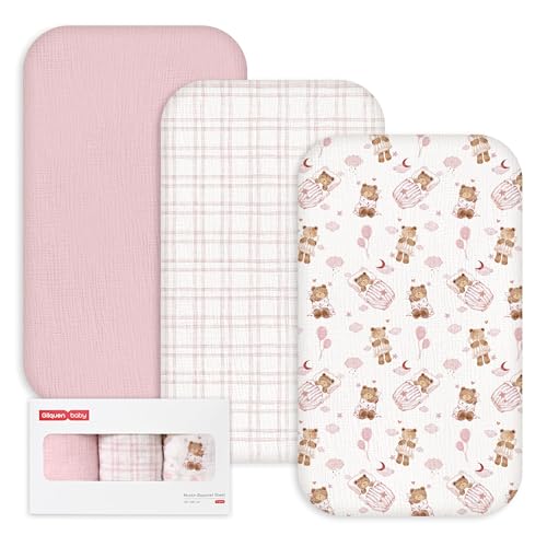 Image of Gllquen Baby 3-Pack Muslin Cotton Bassinet Sheets, 33"x20" Fitted Crib Sheets for Bedside Sleeper & Travel Crib, Oeko-TEX Certified Soft Breathable Sheets, Easy On/Off (Bear's Dreamland)
