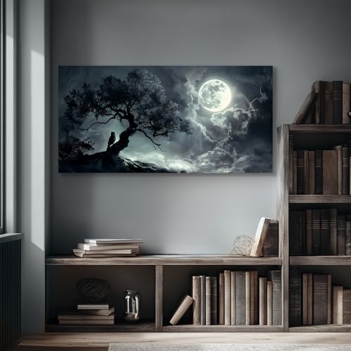 SERIMINO Large Wall Art for Living Room, Dark Landscape Canvas Prints Paintings, Moonlit Night Pictures Wall Decor Aesthetic, Moon and Tree Modern Home Decor Bedroom Bathroom Office Artwork 30"X60"