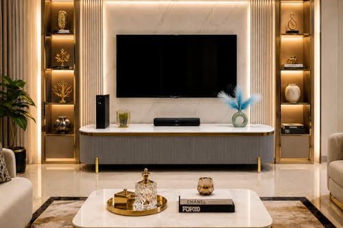 Image of Mazzo Modern TV Unit /Console - 70 inchx12 inchx18 inch White Marble Top with Golden Acrylic, Waterproof Plywood & Charcoal Louvers - Media Cabinet | Modern TV Stand Console Without Storage (Gray)