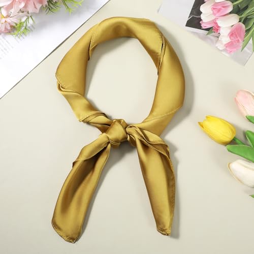 Solid Color Women Satin Scarf Square Ribbon Neck Scarf 26"x25" Breathable Small Headscarfs Vintage Yellow Handkerchief Costume Accessory for Women4