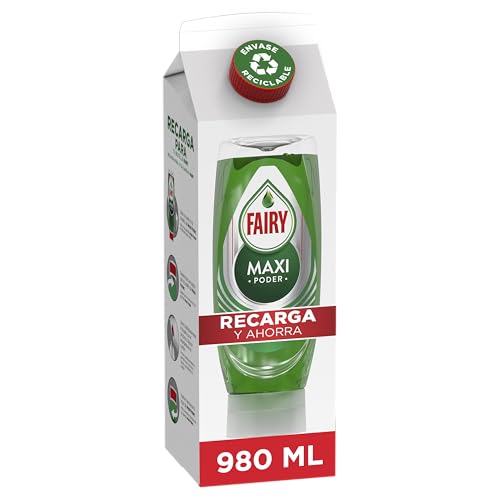 Fairy Maxi Poder Recambio Cartón Lavavajillas Líquido 980 ML, Recambio Fácil, Limpieza Sin Esfuerzo, Incluso En Las Ollas Y Sartenes Más Grasientas