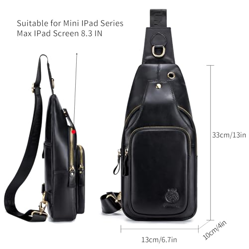Image of Mens Sling Bag Genuine Leather Crossbody Bags for Men Small Sling Chest Backpack Casual Man Bag Hiking Outdoor, Black