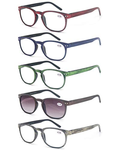 MODFANS Reading Glasses Women/Men Wood Look Round Frame Includes Sun Readers glasses