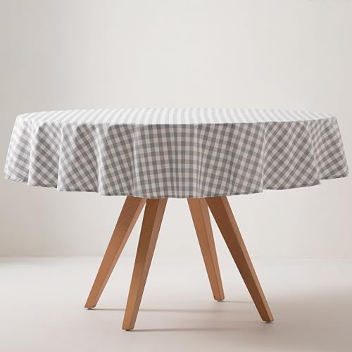 GAMUSI Mantel Antimanchas Redondo Cuadro Vichy, algodón, Tacto Tela, 160x160 cm Color Gris Claro