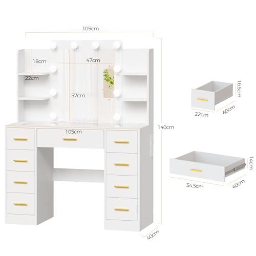 Bewishome Dressing Table With Mirror And Lights,Vanity Desk With Glass Top & Power Outlet,Modern Vanity Table With 9 Drawers And 4 Storage Shelves,White Makeup Desk For Bedroom YFST39W - 2