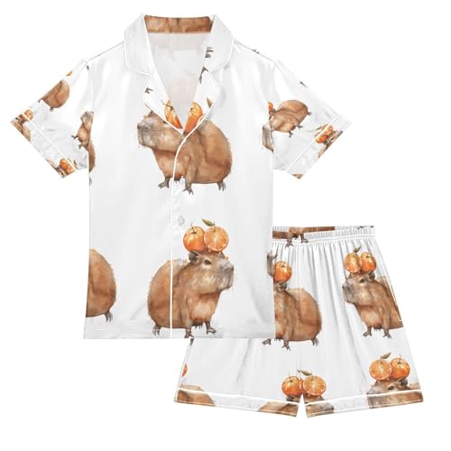 senya Capybara with Orange Satin Summer Pajama Sets Silk Short Sleeve Button Down Sleepwear