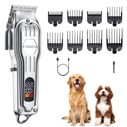 Dog Clippers for Grooming Thick Hair, Upgrade Low Noise Pet Shaver Kit with 8 Size Combs for Dogs Cats Pets, Rechargeable Cordless Quiet Dog Trimmer for Heavy Curly Hair Coats (Silvery)