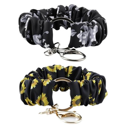 ShuYo Bracelet Keychain, Stretchy Wristlet Key Chain for Car Keys with Metal Holder Clip, Cute Scrunchie Wristband for Women Men (Black Floral + Chrysanthemum)