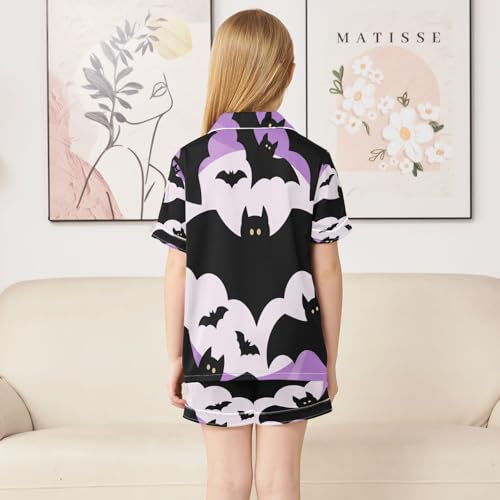 Satin Pajama Sets Short Sleeve Bats Flying Against Purple Background Button Down Silky Nightwear 2 Piece PJS 5-14Y4