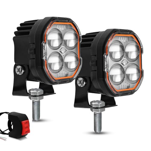 Image of FABTEC 4 Led Mini Drive Fog Light Projector Light with White /Yellow + Flasher Led DRL Pods Light wtih Devil Red Eye for Cars, Bikes, Scooty, Metal Body, Set of 2 Pcs