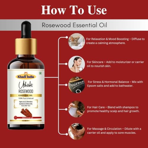 Image of Khadi Rosewood Essential Oil 15 ml | Pure & Natural | Oil for Skin, DIY & Massage | Muscle Relaxation & Anti Aging | Face & Body Massage Oil | All Skin Types | Aromatherapy for Men & Women