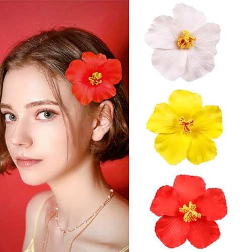3 Piezas Pinzas para el Cabello con Flores Hawaianas para Mujer, Clips Boho de Flor Plumeria Hibiscus para Vacaciones y Fiestas en la Playa (blanco, amarillo, rojo) miniatura 1
