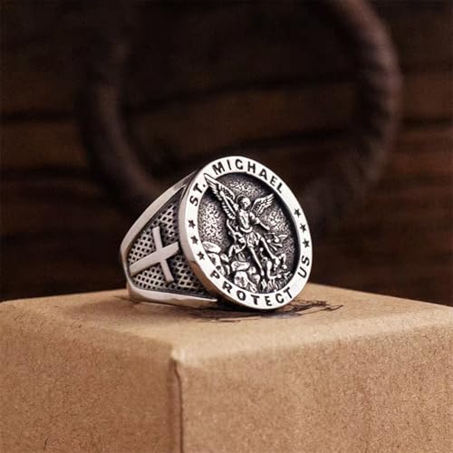 The Great Protector Archangel St. Michael Round Signet Ring for Men Punk Rock Vintage Retro Stainless Steel Patron Saint Michael Cross Religious Protection Talisman Amulet Rings Cocktail Party Jewelry4