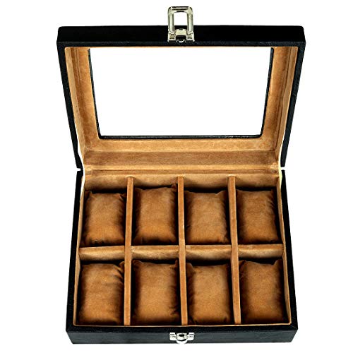 Leather World Watch Box Organizer- 8 Slot Watch Storage Holder Display and Jewelry Case Collection Box with Transparent Glass Vegan Leather with Black for Men and Women – Travel Friendly Box for Gifts for men | Rakhi Gifts | VDay gifts | Latest Men’s watch case Organiser
