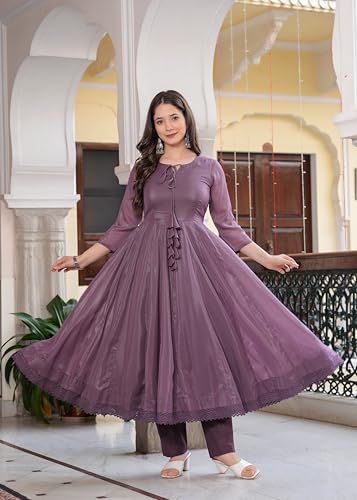 Image of Silver Tone Georgette Anarkali Lace Embellished kurta Pant With Dupatta Set