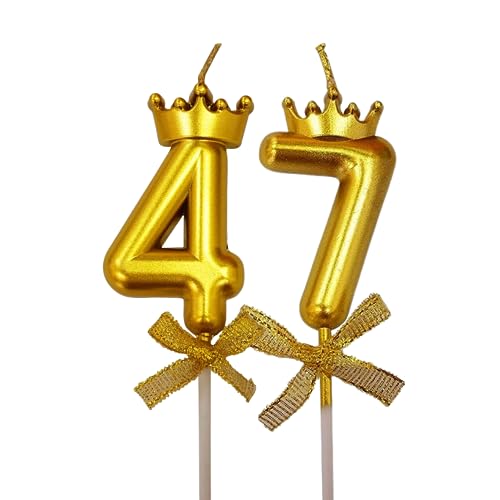 Image of 2 Pc 47 Number Candle for Birthday Cake Metallic 47th Birthday Cake Decoration Forty Seven Candle with Crown on Top Cake Topper 0-9 Number Candles for Anniversary (Pack of 2, Gold)