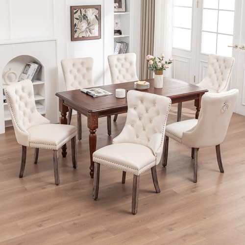 Image of Velvet Dining Chairs, Tufted Kitchen & Dining Room Chairs, Beige, Set of 6