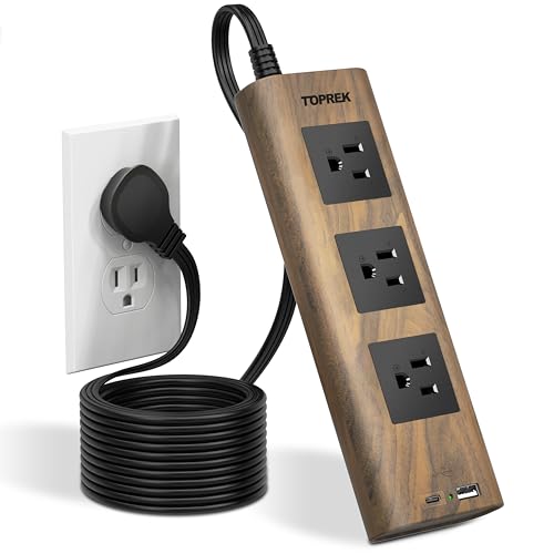 Power Strip with USB, TOPREK Power Strip Surge Protector (1800J), 10 FT Ultral Thin Flat Plug Power Strip with 3 Widely-Spaced AC Outlets, 1 USB-C & 1 USB-A, Wood Finish Power Strip for Home, Office