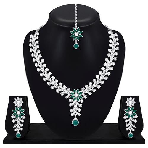 Image of Atasi International Diamond Necklace Jewellery Set for Women with Earrings and Maang Tikka for Wedding, Party, Engagements & Festivals