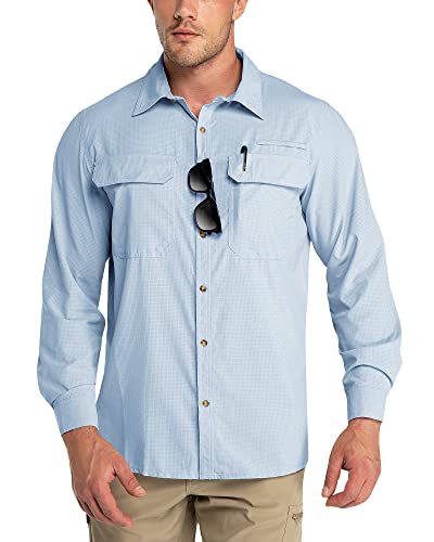 Outdoor Ventures Men's Long Sleeve Shirts UV Protection Outdoor Shirts Breathable Button-Down Shirt Wicking Quick Drying Safari Shirt with Pockets for Hiking Fishing Golfing, Light Blue, L