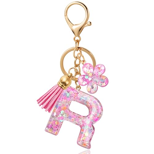 ANHBKAR Pink Flower Initial Keychain - Resin Letter R Bag Charm for Women, Girls (R-PINK)