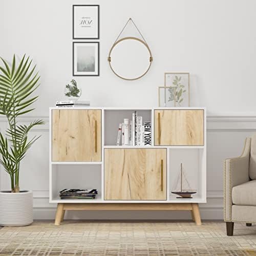 WERSMT 39 Inch Multifunctional White Wood Legs Sideboard 6 Area Storage Space for Kitchen, Dining Room, Entryway, Living Room Cabinet, White & Oak