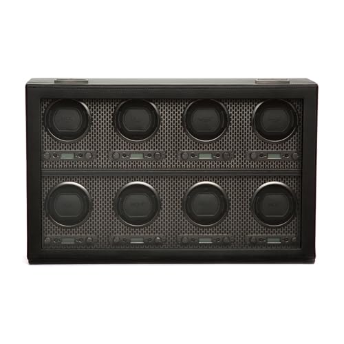 Wolf Axis 8-Piece Watch Winder with Glass Cover Powder Coat - Secure Fit with Patented Lock-in Dynamic Cuff - Accommodates All Wrist Sizes - Vegan Leather - Includes Universal Adapter