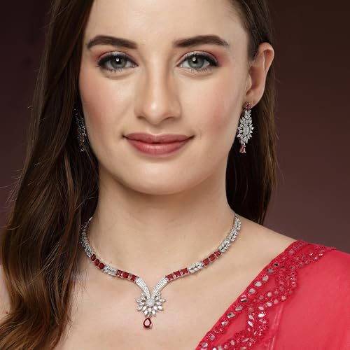 Image of ZENEME Rhodium Plated Brass Silver Toned Floral & Tear Drop Blue Crystal American Diamond Necklace With Earring Jewellery Set For Women