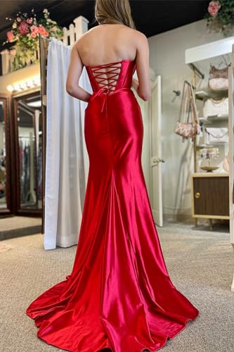 BANTRATIC Mermaid Satin Prom Dress Long with Slit Sweep Train Evening Gowns Strapless Bridesmaid Dresses for Women3