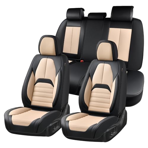Image of Coverado Car Seat Covers Full Set, Seat Covers for Cars, Automotive Seat Covers, Waterproof Nappa Leather Front Seats and Back Car Seat Protector, Universal Fit for Most Cars SUV Trucks,Black&Beige