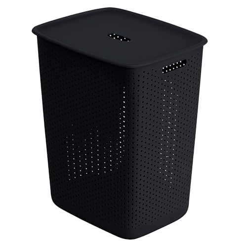 EDANTI Wäschekorb mit Deckel Wäschesammler Wäschebox Wäschebehälter Rattan Kunststoff Ergonomischen Griffen 60L (Schwarz)